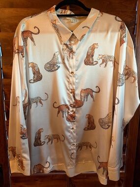 Umgee Cream Satin Button-Down Shirt with Leopard Print